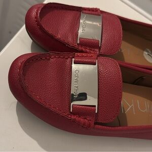 Calvin Klein Red Leather Loafers with Silver Accent